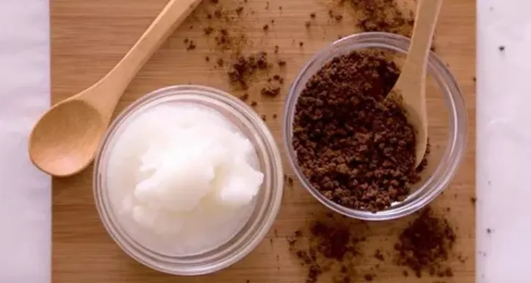 A homemade coconut oil and sugar scrub, perfect for a natural beauty routine for women.