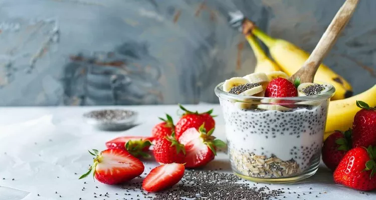 Chia seeds, showcasing benefits for the heart, digestion, and weight control.